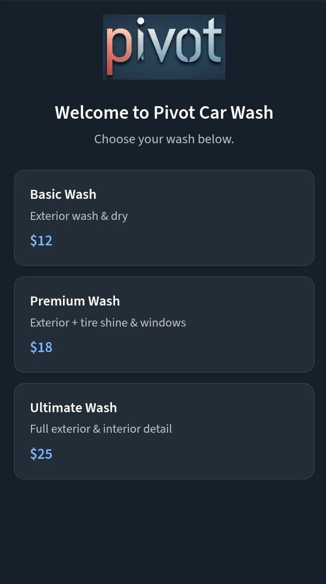 Pivot wash selection screen on a phone